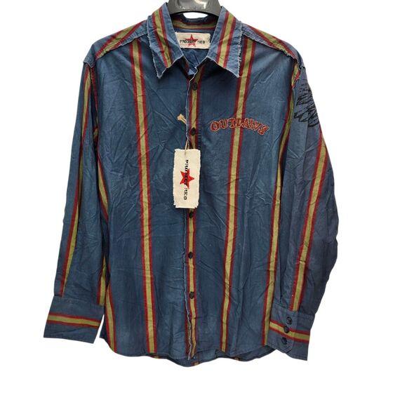 Project Red Outlaws England Shirt Mens XL Blue Striped Distressed Motorcycle - Picture 2 of 14